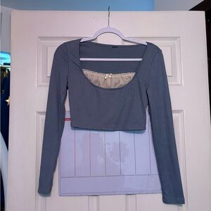 Light Blue Cropped Shirt With Lace Bow Detail